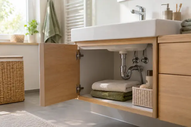 Waschbecken mit geöffnetem Unterschrank und sichtbarem Siphon in einem Badezimmer